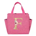 Portable insulated pink lunch bag featuring a glittery floral letter F design on front - Letter F / Rose Red
