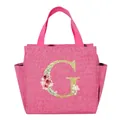 Portable pink insulated lunch bag featuring a floral golden alphabet letter G design - Letter G / Rose Red