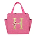 Portable large capacity pink insulated lunch bag with gold glitter H and flowers - Letter H / Rose Red