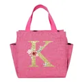Portable insulated pink lunch bag featuring a glittery floral letter K monogram - Letter K / Rose Red
