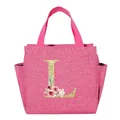 Portable pink insulated lunch bag with gold floral letter L print and side pockets - Letter L / Rose Red