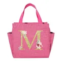 Portable insulated lunch bag featuring a floral glitter letter M in vibrant pink color - Letter M / Rose Red