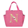 Portable pink insulated lunch bag featuring floral golden glitter letter N decoration - Letter N / Rose Red