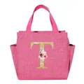 Portable pink insulated lunch bag featuring a floral golden glitter letter T design SKU - Letter T (B308) / 25*14*24CM / Rose Red