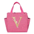 Stylish pink insulated lunch bag featuring a floral glittery letter V monogram design - Letter V (B308) / 25*14*24CM / Rose Red
