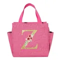 Pink insulated lunch bag featuring a floral letter Z and convenient side pockets - Gold Letter Wreath-Z / Rose Red