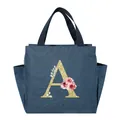 Blue insulated denim-style lunch bag with golden glitter floral letter A design - Gold Letter Wreath-A / Navy Blue