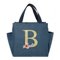 Insulated lunch bag in blue denim with golden glitter floral letter B design - Gold Letter Wreath-B / Navy Blue