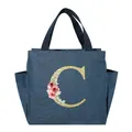 Large capacity insulated denim blue lunch bag featuring a golden glitter floral letter C - Gold Letter Wreath-C / Navy Blue