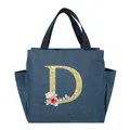 Large portable insulated blue lunch bag with floral glitter letter D for students - Gold Letter Wreath-D / Navy Blue