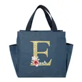 Portable denim blue insulated lunch bag with golden glitter floral letter E design - Gold Letter Wreath-E / Navy Blue