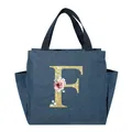 Portable insulated denim blue lunch bag featuring a golden glitter floral letter F design - Gold Letter Wreath-F / Navy Blue