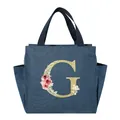 Navy blue insulated lunch bag with golden floral glitter letter G print for school - Gold Letter Wreath-G / Navy Blue