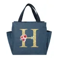 Blue insulated lunch bag with glitter golden letter H and elegant pink floral design - Gold Letter Wreath-H / Navy Blue