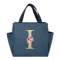 Premium insulated lunch bag in blue denim texture with floral gold glitter letter I - Letter I / 25*14*24CM / Navy Blue
