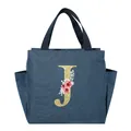 Insulated blue canvas lunch bag with glittery gold letter J and floral print design - Letter J / 25*14*24CM / Navy Blue