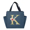 Portable navy blue insulated lunch bag featuring a floral gold glitter letter K design - Letter K / 25*14*24CM / Navy Blue