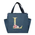 Portable blue denim insulated lunch bag featuring a floral golden glitter letter L print - Letter L / 25*14*24CM / Navy Blue