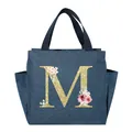 Blue insulated lunch tote bag featuring a decorative gold floral initial M design - Letter M / 25*14*24CM / Navy Blue