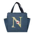 Blue denim insulated lunch bag featuring a stylish floral gold glitter letter N design. - Letter N / 25*14*24CM / Navy Blue