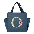Large capacity portable insulated lunch bag in dark blue with floral gold letter O - Letter O / 25*14*24CM / Navy Blue