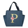 Durable insulated blue lunch tote bag featuring a stylish floral golden glittery letter P - Letter P / 25*14*24CM / Navy Blue