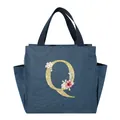 Insulated navy blue lunch bag with glittery gold floral letter Q detail - Letter Q / 25*14*24CM / Navy Blue