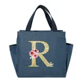 Blue denim texture insulated lunch bag featuring a glitter floral letter R printed design - Letter R / 25*14*24CM / Navy Blue