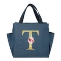Portable blue insulated lunch tote featuring a golden glitter floral letter T design - Gold Glitter Letter T (Floral Pattern) / 25*14*24CM / Navy Blue