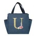 Portable insulated denim lunch bag with gold glitter letter U and floral print - Gold Glitter Letter U (Floral Pattern) / 25*14*24CM / Navy Blue
