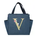 Insulated denim blue lunch bag featuring a floral golden letter V printed design variant - Gold Glitter Letter V (Floral Pattern) / 25*14*24CM / Navy Blue