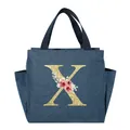 Insulated denim lunch bag for students featuring a glittery golden floral letter X - Gold Glitter Letter X (Floral Pattern) / 25*14*24CM / Navy Blue