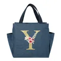 Portable blue denim insulated lunch bag with floral glitter golden letter Y design - Gold Glitter Letter Y (Floral Pattern) / 25*14*24CM / Navy Blue