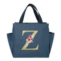 Blue denim-style insulated lunch bag with gold floral glitter Z letter print design - Gold Glitter Letter Z (Floral Pattern) / 25*14*24CM / Navy Blue