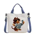 Sac à main et sac bandoulière en toile avec broderie teckel mignon couleur blanc - Chien Lunettes de Soleil / Bleu