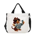 Cute dachshund embroidery white canvas handbag with a black adjustable crossbody strap. - Sunglasses Dog / Black