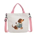 Sac en toile brodé avec un teckel mignon avec des poignées roses et une bandoulière - Teckel / Rose