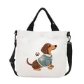 Cute cartoon dachshund embroidered white canvas handbag with adjustable black strap - Dachshund / Black