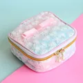 Floral embroidered mesh pouch in pink and blue gradient with pearl zipper charms - Gradient Pink