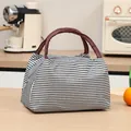 Insulated striped lunch bag with durable maroon handles for office and school use - Black