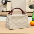 Striped insulated lunch bag with burgundy handles for students and office workers - Khaki