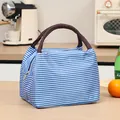 Bolsa de almuerzo aislada portátil a rayas azules y blancas con asas marrones para uso diario - Azul