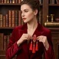 Elegant New Chinese style red tassel flower brooch accessory on velvet blazer model - Red Petal Style / KC Gold, Red Tassel