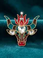 Vintage Chinese zodiac bull head brooch with heart crystal in golden finish - Cow