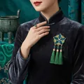 Elegant New Chinese style flower brooch with green tassels for Hanfu and Cheongsam - Green Five-Petal Flower / KC Gold, Green Tassel