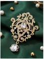 Elegant vintage palace style brooch with rhinestones and water-drop crystal pendant - Water Drop Crown Style (XD826051) / Gold With White Rhinestones