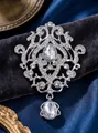 Elegant Vintage Baroque crystal teardrop brooch pin with shiny silver-tone finish - Water Drop Crown Style (XD826051) / Silver With White Rhinestones