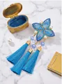 Elegant blue embroidered flower brooch with long silk tassels for traditional dress - Embroidered Tassel Style / Gold Base With Blue Ethnic Tassel