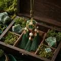 Handmade ethnic embroidered ball pendant with dark green tassels in vintage wooden box - Lanyard / Green