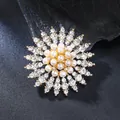 Detailed macro shot of an elegant gold pearl and rhinestone sunflower brooch pin. Perfect detail. - Pearl Floral Style (XD825297)
